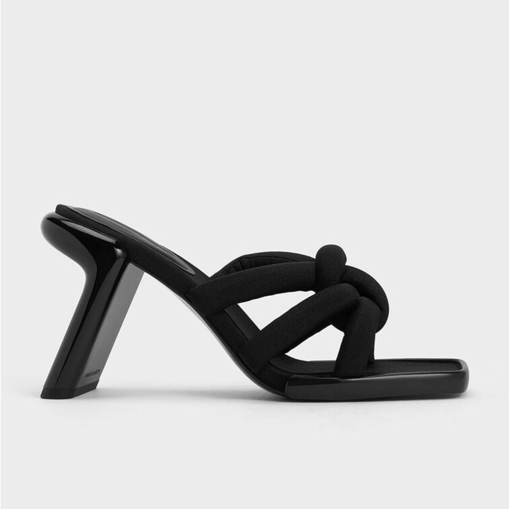 Charles & Keith Black Textured Toni Knotted Puffy Strap Mules Heels Shoes